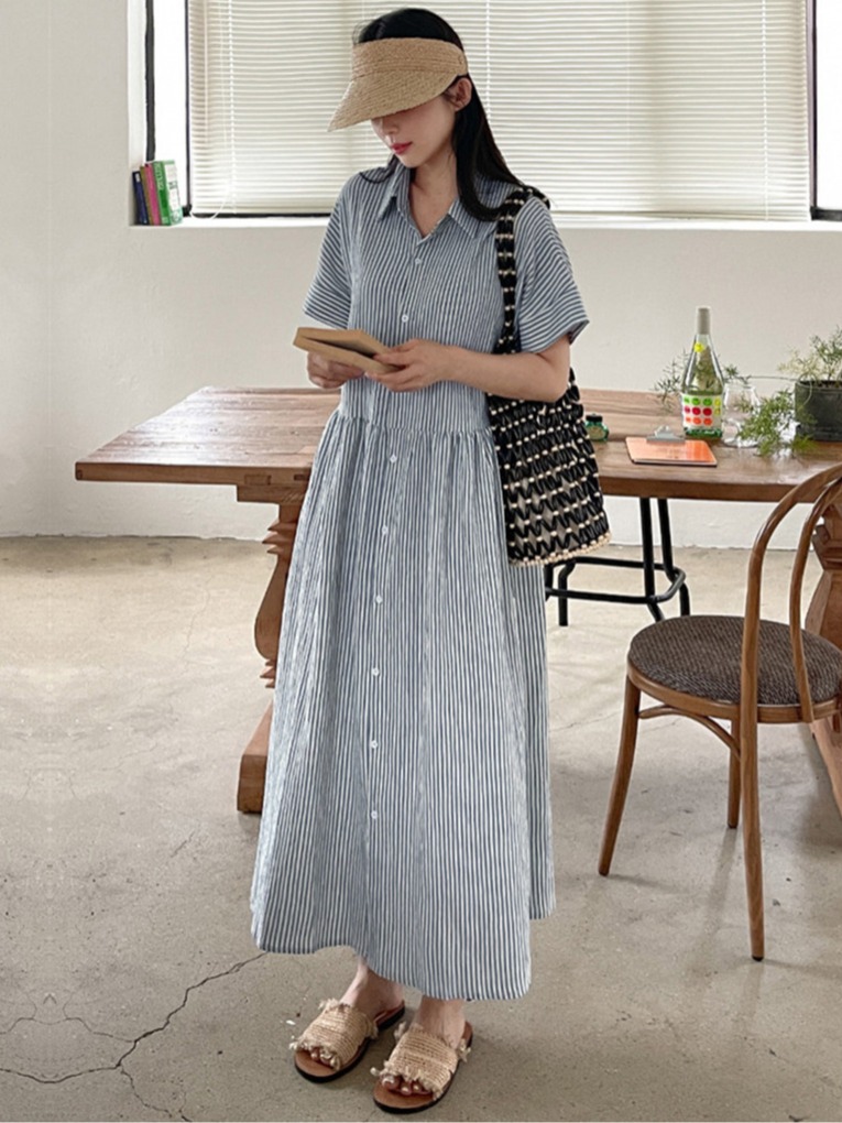 Casual Loose Linen Shirt Dress - Retro Koreaanse stijl loszittende afslankende gestreepte