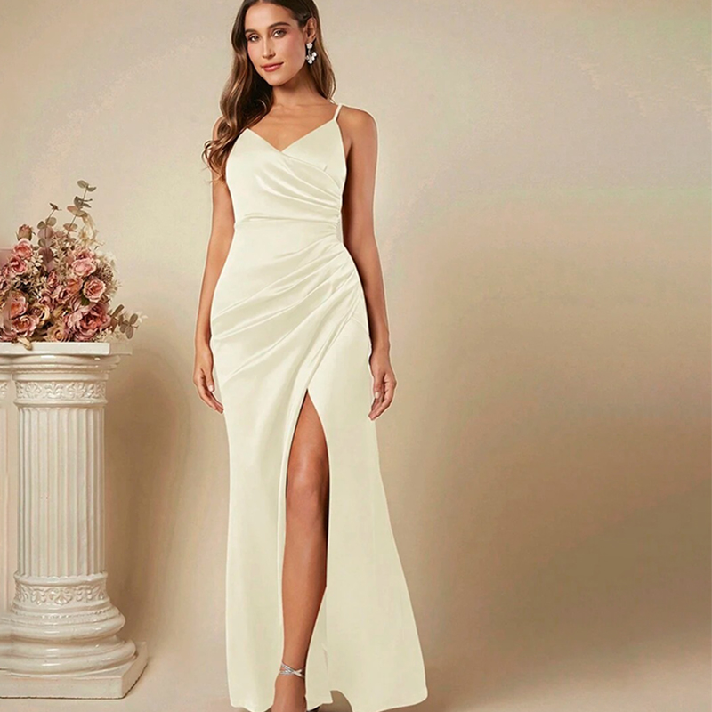 Elegant Satin Evening Gown Split - Vrouwen Elegante Satijnen Jarretel Jurk 2023