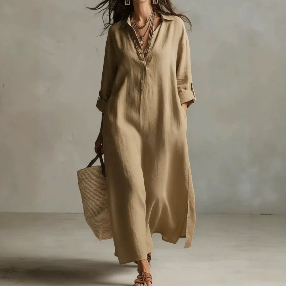 Casual Loose Linen Shirt Dress - Dames Vintage Linnen Shirtjurk met reverskraag,