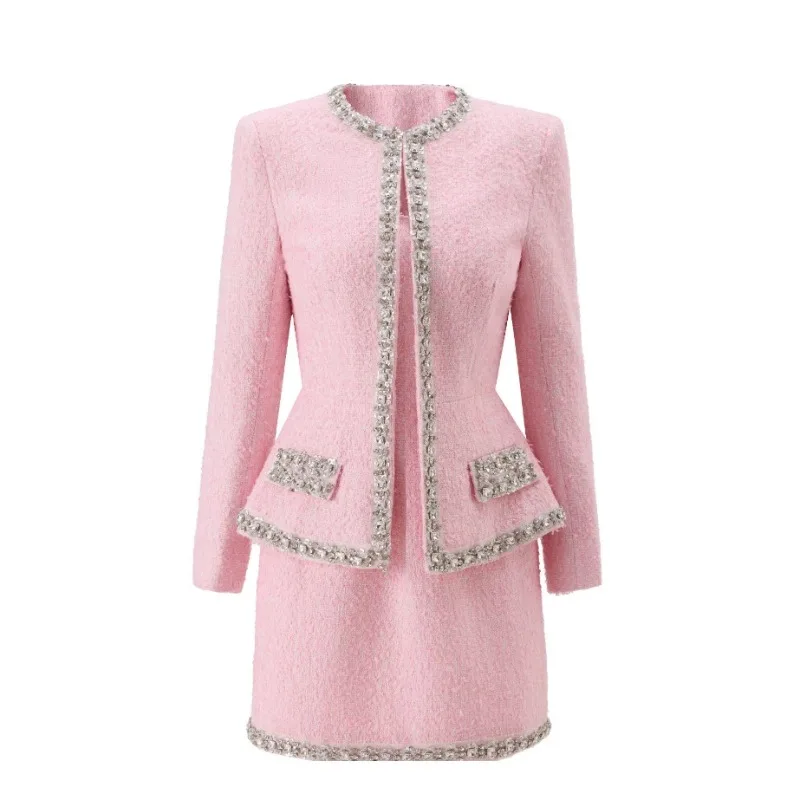 Tweed Two Piece Blazer Dress - Premium roze tweed dames tweedelig pak,
