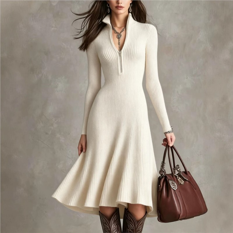 Bodycon Long Sleeve Ribbed Dress - Dames geribbelde gebreide midi jurk herfst