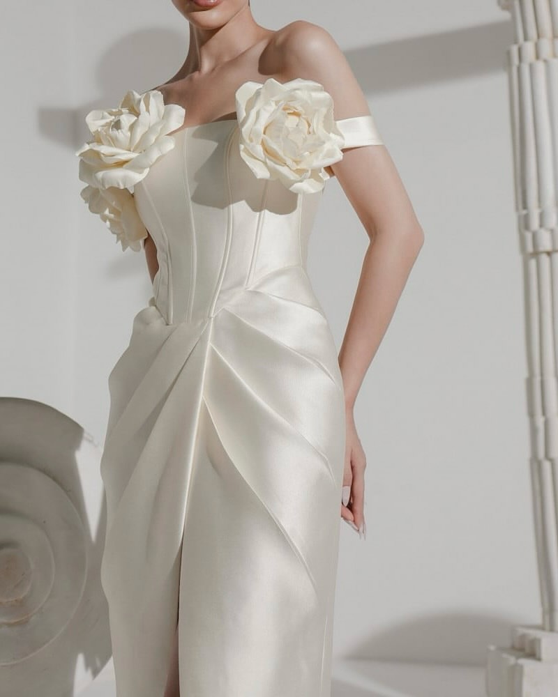 QR Op maat gemaakte off-should - Elegant Satin Evening Gown Split recensie en prijs