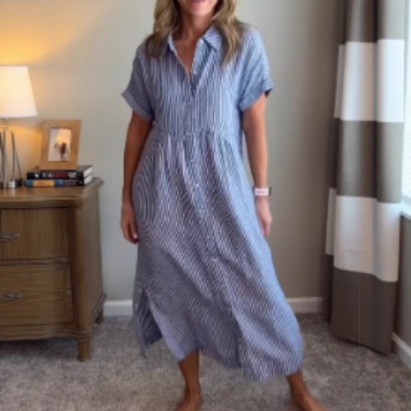 Dames gestreepte shirtjurk zom - Casual Loose Linen Shirt Dress recensie en prijs