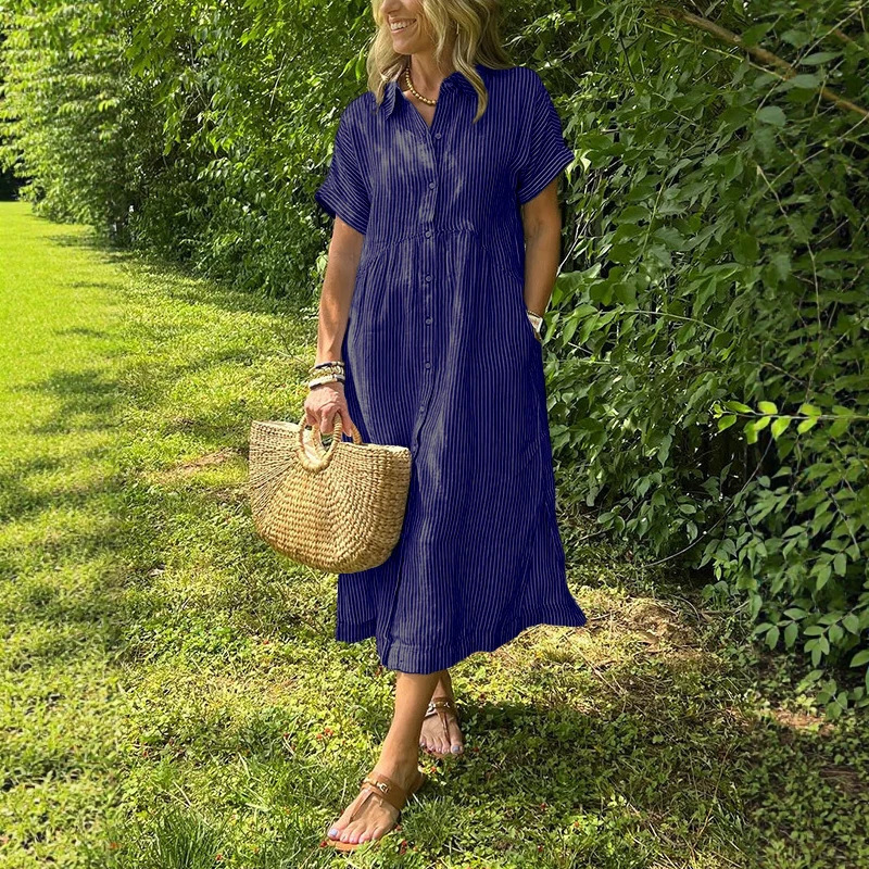 Dames gestreepte shirtjurk zom - Casual Loose Linen Shirt Dress recensie en prijs