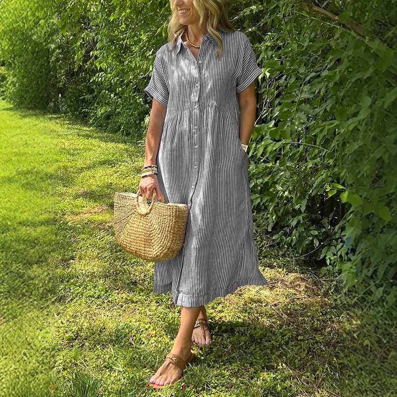 Dames gestreepte shirtjurk zom - Casual Loose Linen Shirt Dress recensie en prijs